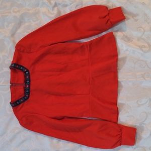 Vintage handmade red orange peplum long sleeve embroidered square collar